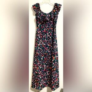 BCBG Paris Black & Pink Floral Maxi Dress with Ruffle Neckline sz Small